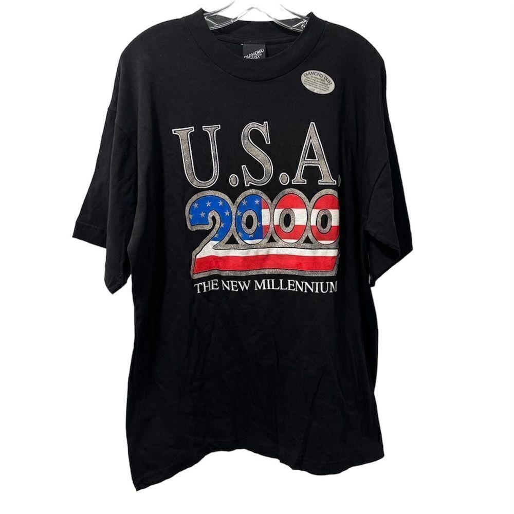 Vintage 90’s USA Black T-Shirt, 100% Cotton, Red, White And Blue With Glitter